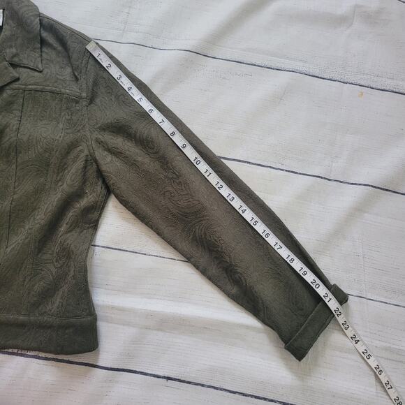 Chico's Size 1 US M Scroll Embossed Pattern Open Front Blazer Jacket Olive Green - Picture 7 of 10